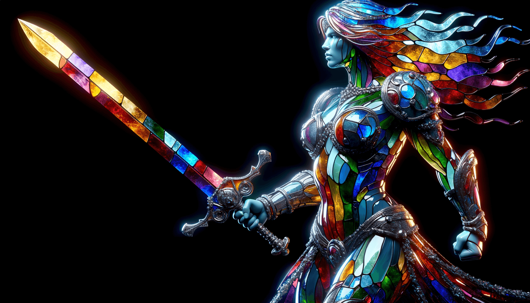 AI generated: Female Barbarian, style stained glass