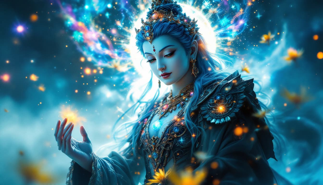 AI generated: full body portrait of a beautiful buddha in action with white skin complexion wearing a gemstone nec...