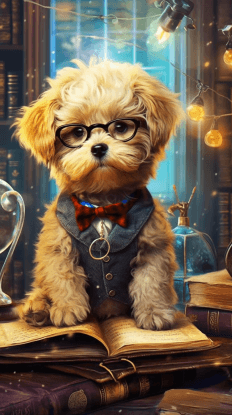 AI generated: Puppy, elegant computer geek, chibi and real style, masterpiece, realistic photography, colorful bac...