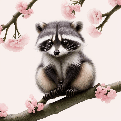AI generated: featuring a cute baby raccoon, perched on a tree branch. The raccoon's adorable expression is enhanc...