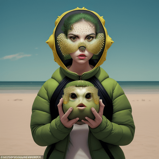 AI generated: woman wearing a green puffer fish on her face, in the style of hip pop, surreal comic scenes, jarrin...