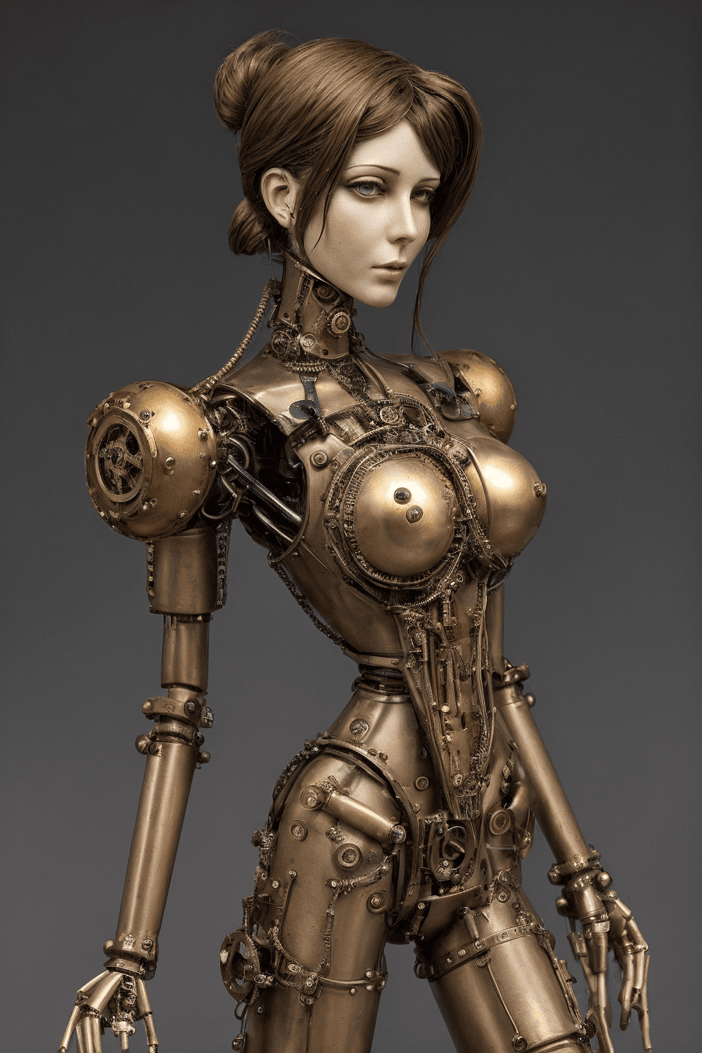 AI generated: steampunk lady with mechanical armature, pinned hair, sad expression