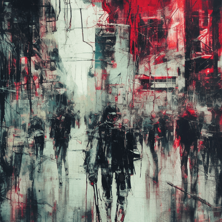 AI generated: abstract crowded streets illustration, glitch effects, fading, by Guy Denning, by Johannes Itten, by...