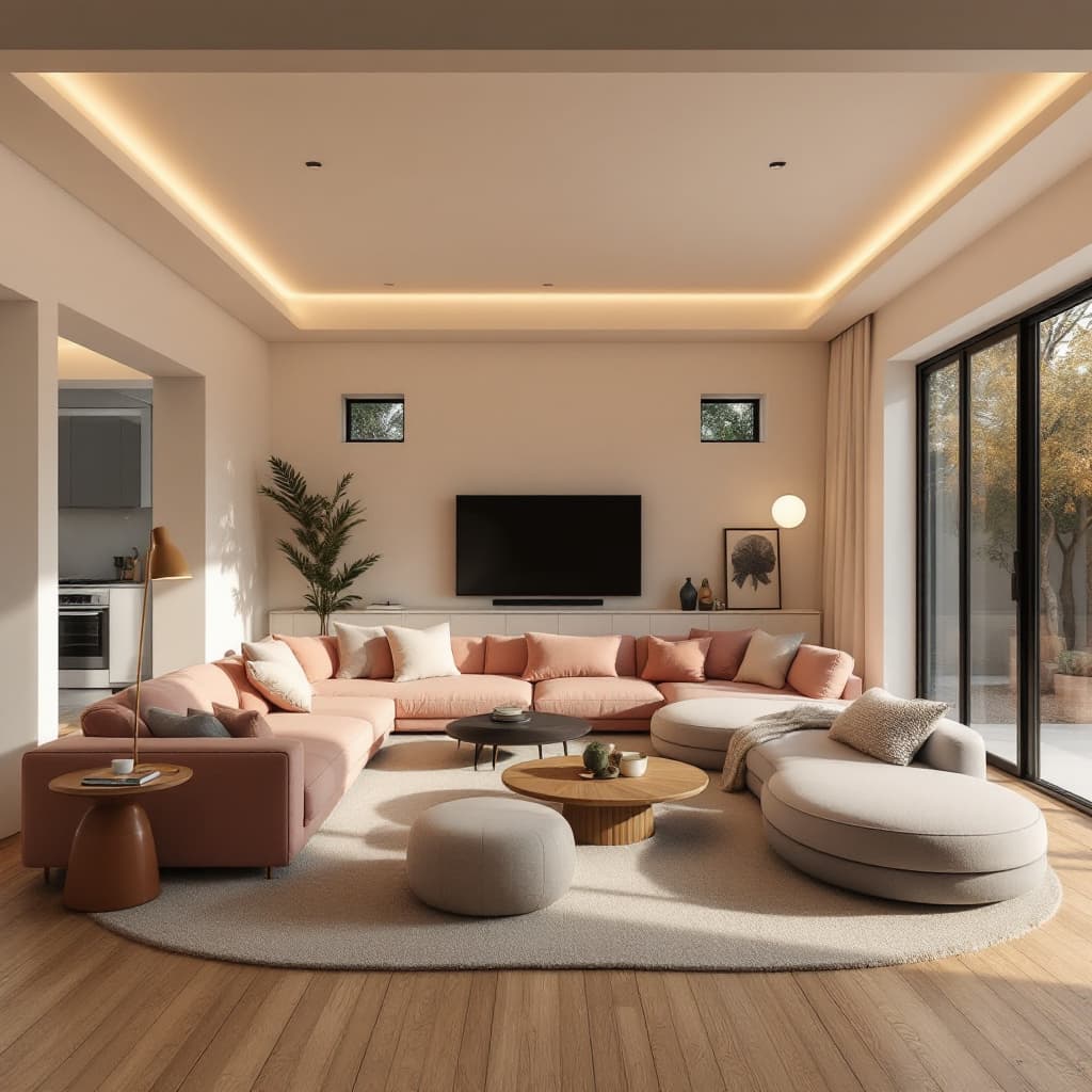 AI generated: High resolution photography interior design, dreamy sunken living room conversation pit, wooden floo...