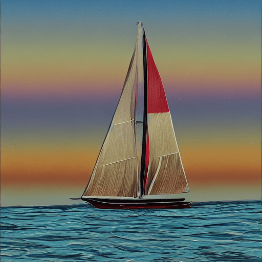 AI generated: 
a sailboat floating at sunset, on its sail is printed a Union Jack flag. In the style of Gainsborou...