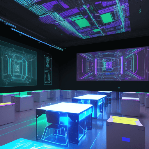AI generated: Imagine a robotic coding workshop with projection mapping covering all four walls, the ceiling, and ...