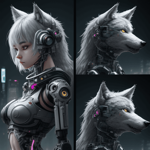 AI generated: a cute wolf, curious++, cyborg+, cyberpunk style, (intricate details)++, hdr, (intricate details)+, ...