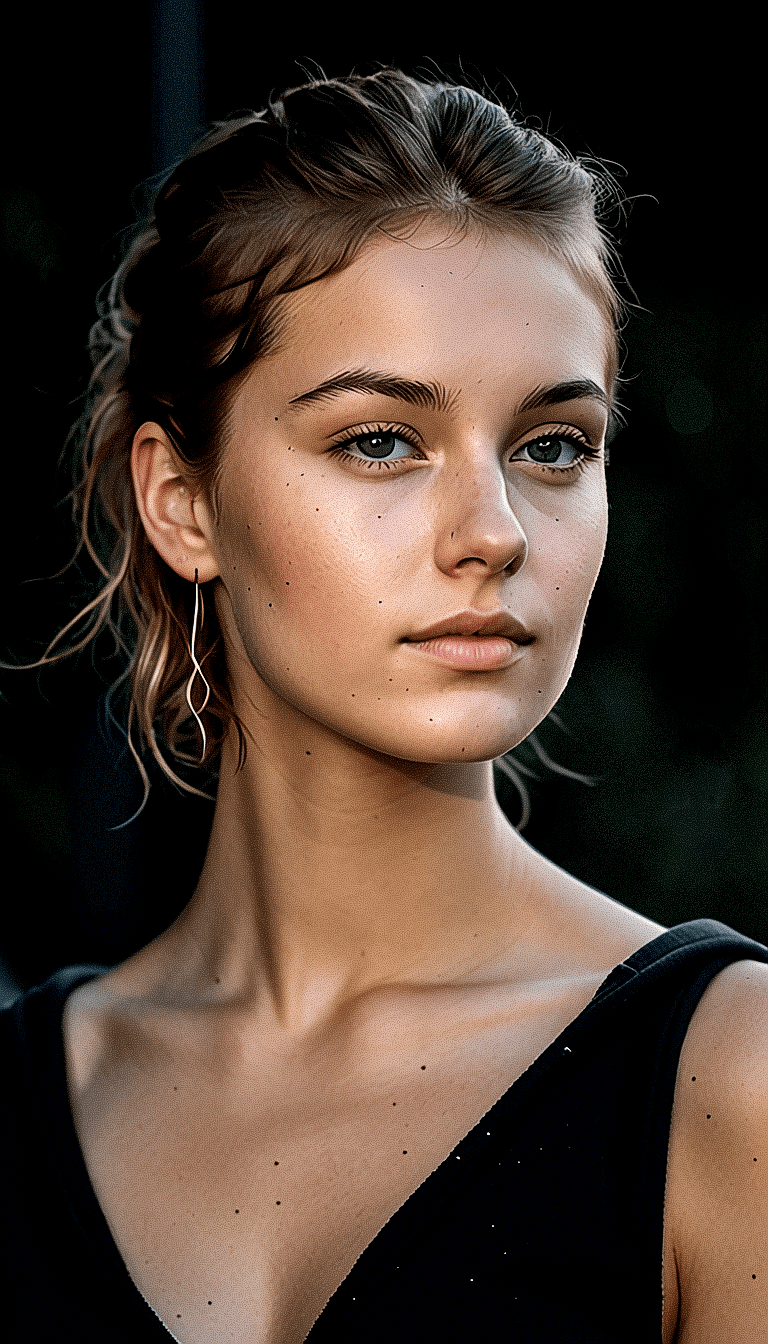 AI generated: A waist-up portrait of a young beautiful  girl, natural complexion skin, messy hair style, slim with...
