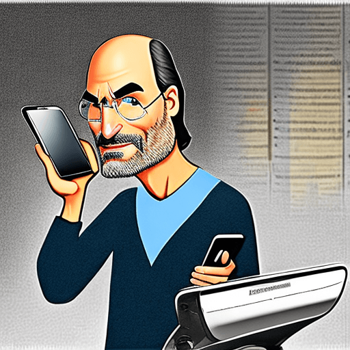 AI generated: Cartoon of Steve Jobs impersonating Moses with the Laws and holding an iPhone and an iPad in his han...