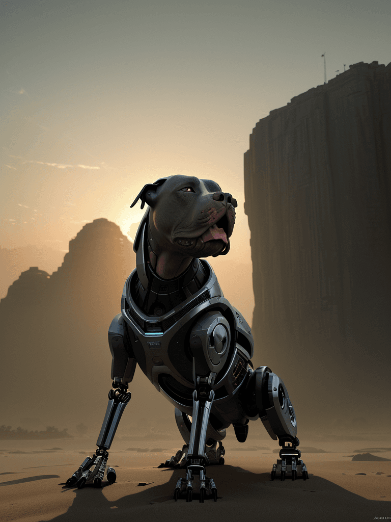 AI generated: Photo of a robotic american pitbull, dramatic light, pale sunrise, cinematic lighting, battered, low...