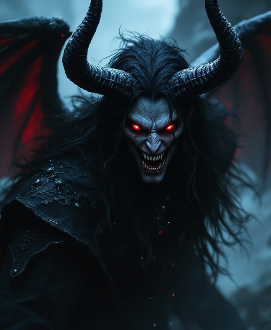 AI generated: male demonic figure with long hair black as a raven, dark robe with intricate details and ornaments,...