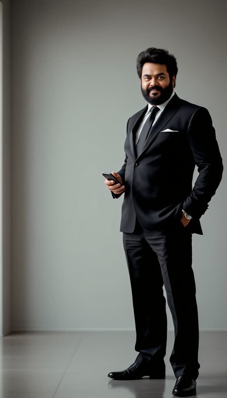 AI generated: A full-body image of Malayalam actor Mohanlal with perfect anatomy, standing in a relaxed yet comman...