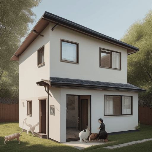 AI generated: House with a person in front with a cat and dog next to them