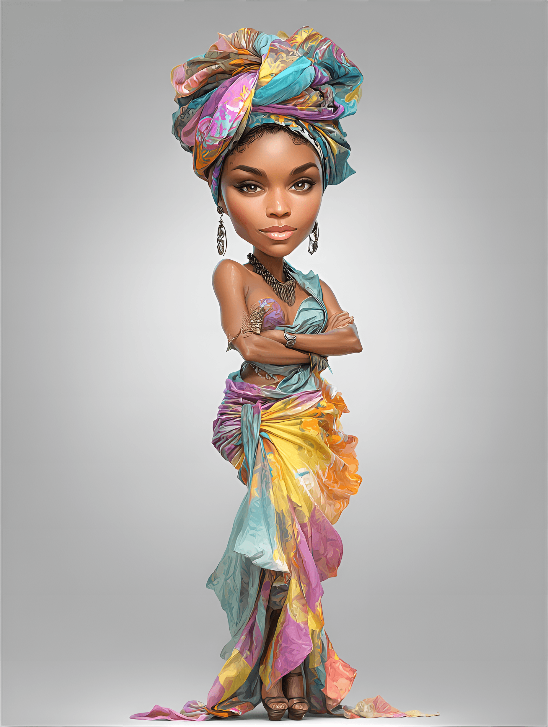 AI generated: funny caricature, cultural fashion icon caricature, adult african female, 29 years old, dark skin, c...