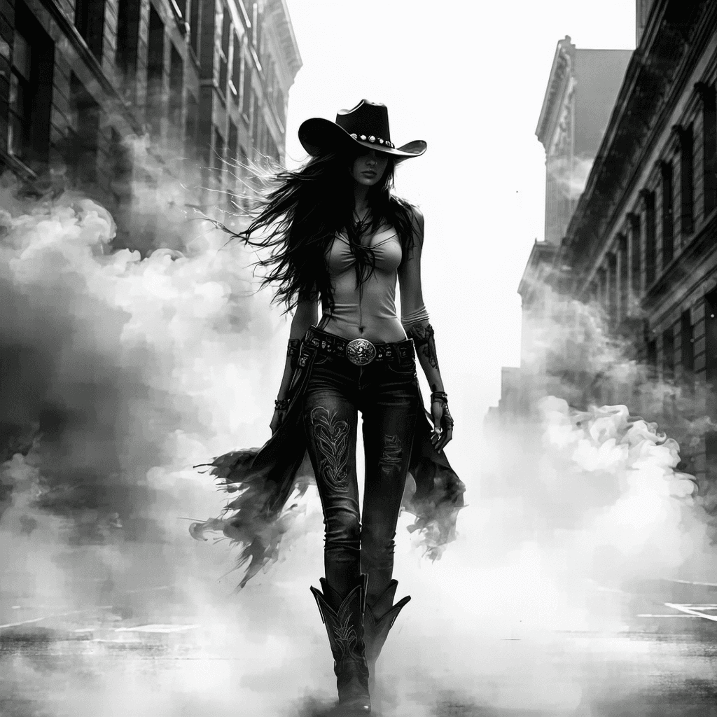AI generated: A digital drawing of an urban cowgirl, full body, walking on the street, wearing cowboy boots and ha...