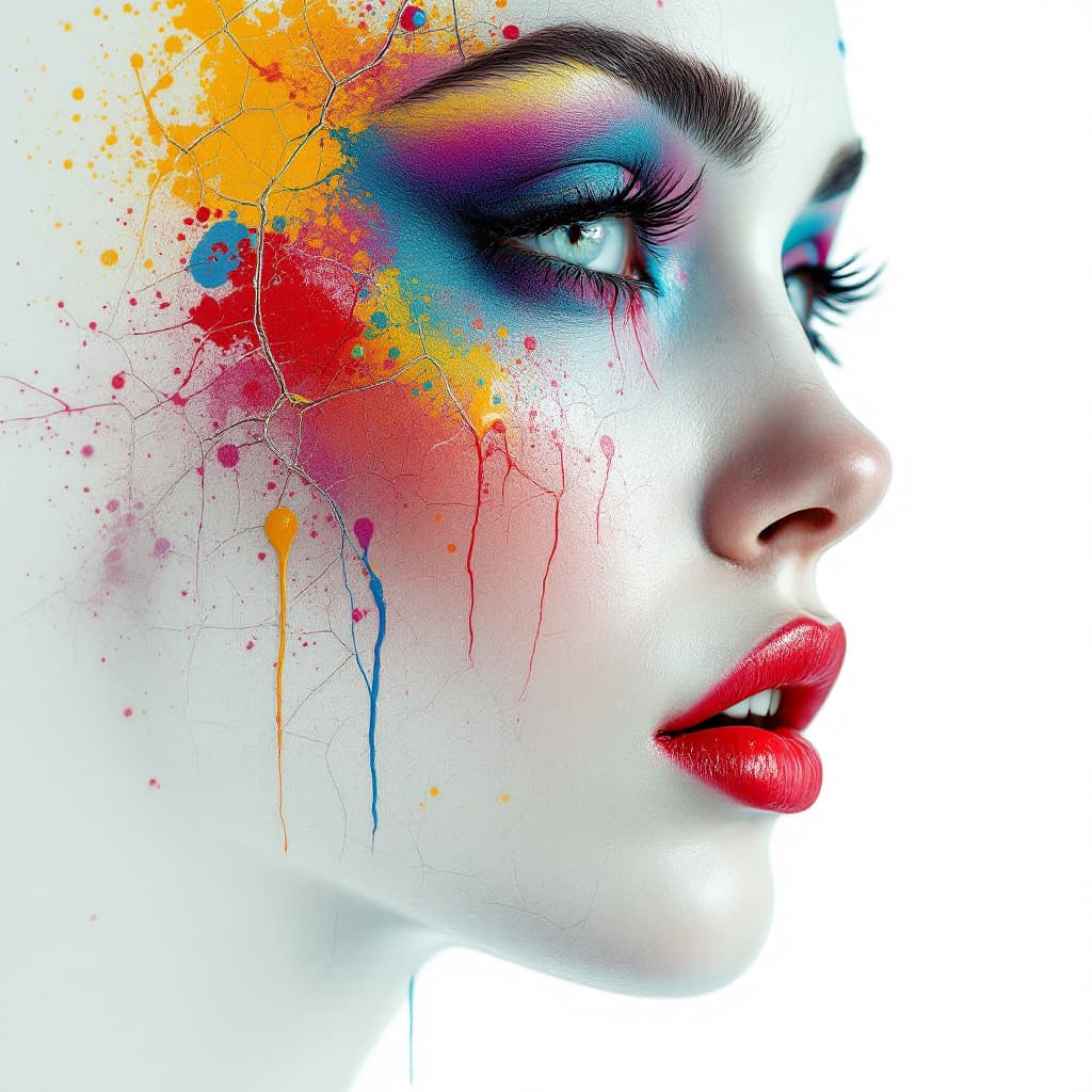 AI generated: Prompt
Scan lines::3 morie effect, grunge. A woman's face with colorful details, cracked ceramic, wh...