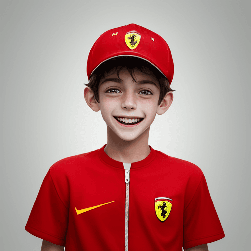 AI generated: High resolution photography a boy with ferrari cap looks skinny and happy face