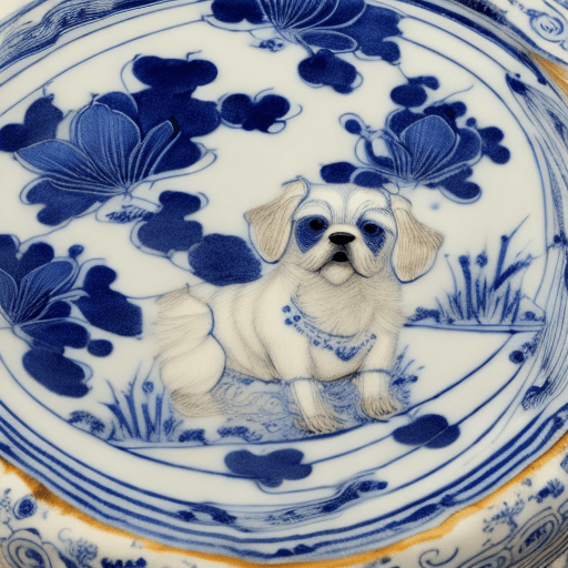 AI generated: A blue and white porcelain material with golden cracks, in which there is an illustration of Dog in ...