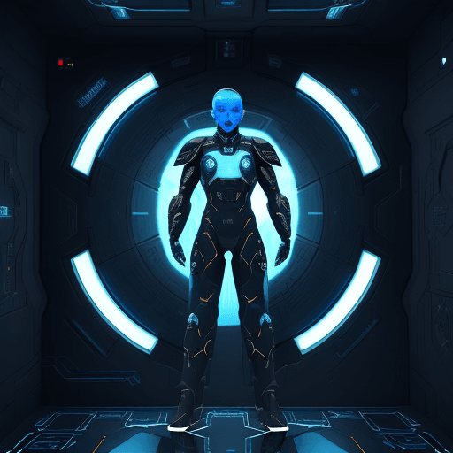 AI generated: futuristic warrior in full military attire in suspended animation, full body hologram inside a flat ...