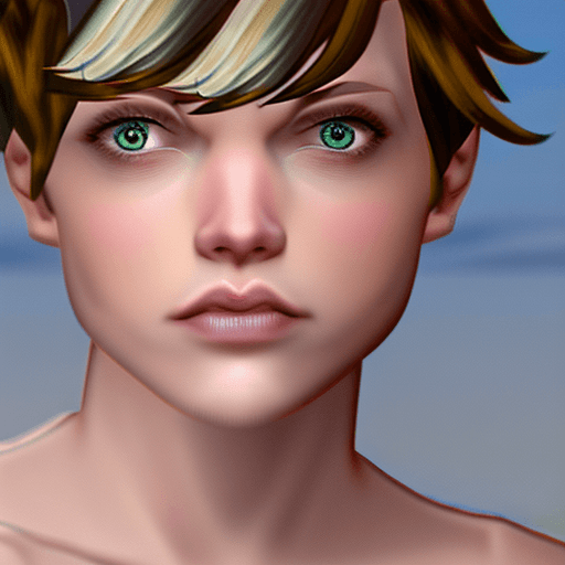 AI generated: short, beautiful naked Mid Western girl with pixie cut blonde wavy hair, grey eyes, pale skin, petit...