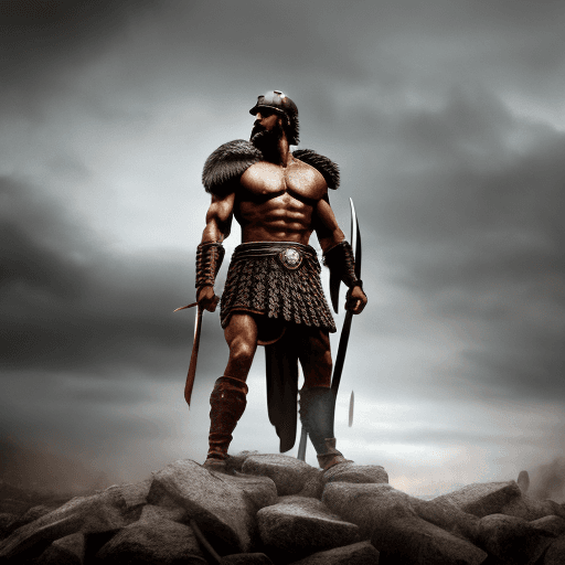 AI generated: Leonidas 1 the king of Sparta, a great warrior, stands after the battle, looking into the distance, ...