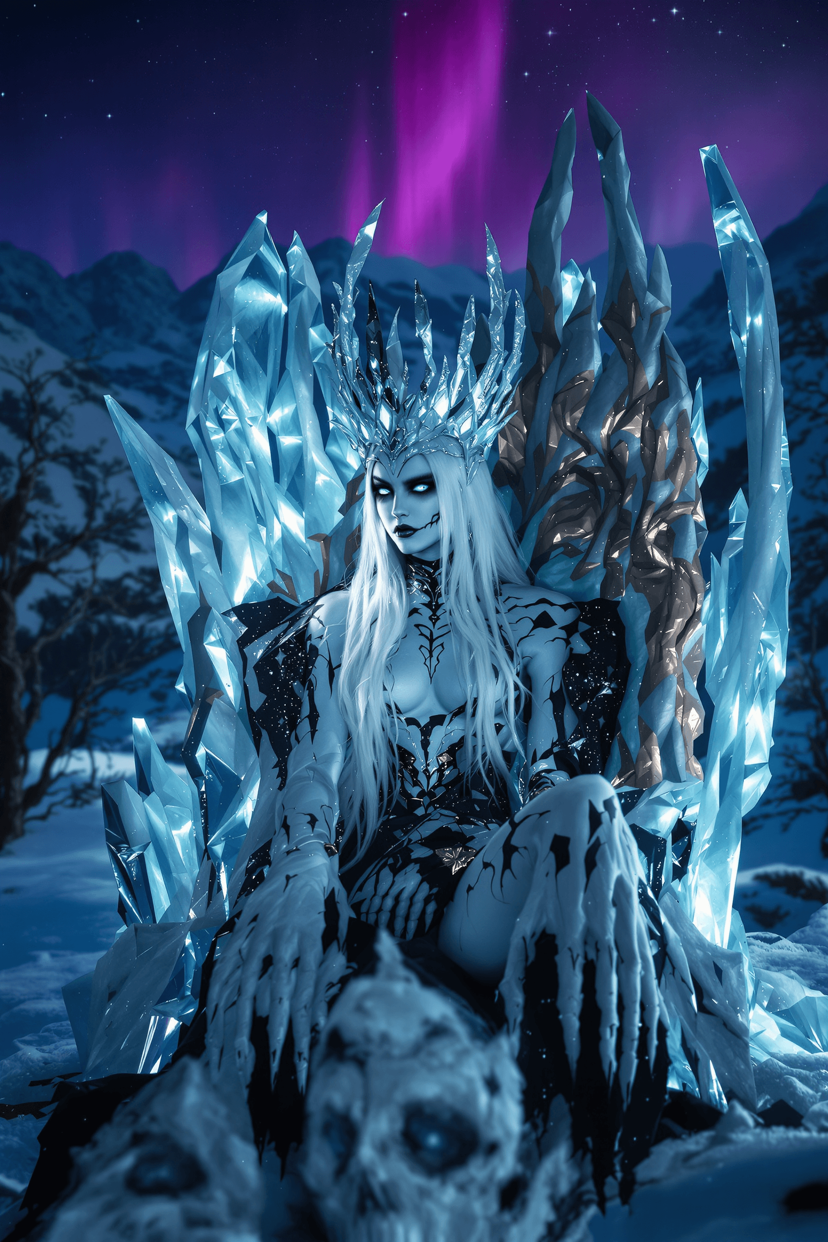 AI generated: 4K, magazine photo shoot quality image of a beautiful 23-year-old platinum blonde ice witch with pie...