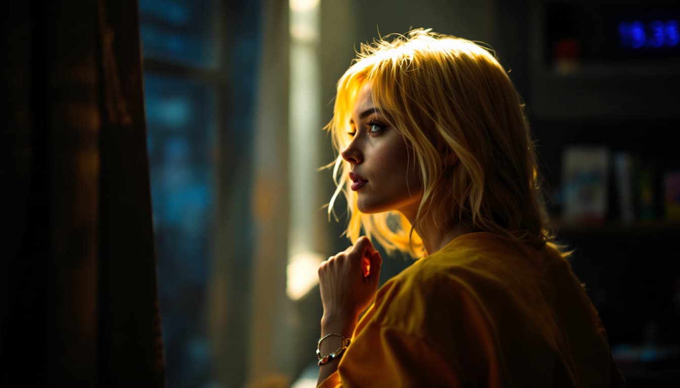 AI generated: blond girl in a yellow shirt is posing, soft, atmospheric lighting --chaos 33 --ar 1:2 --profile yru...