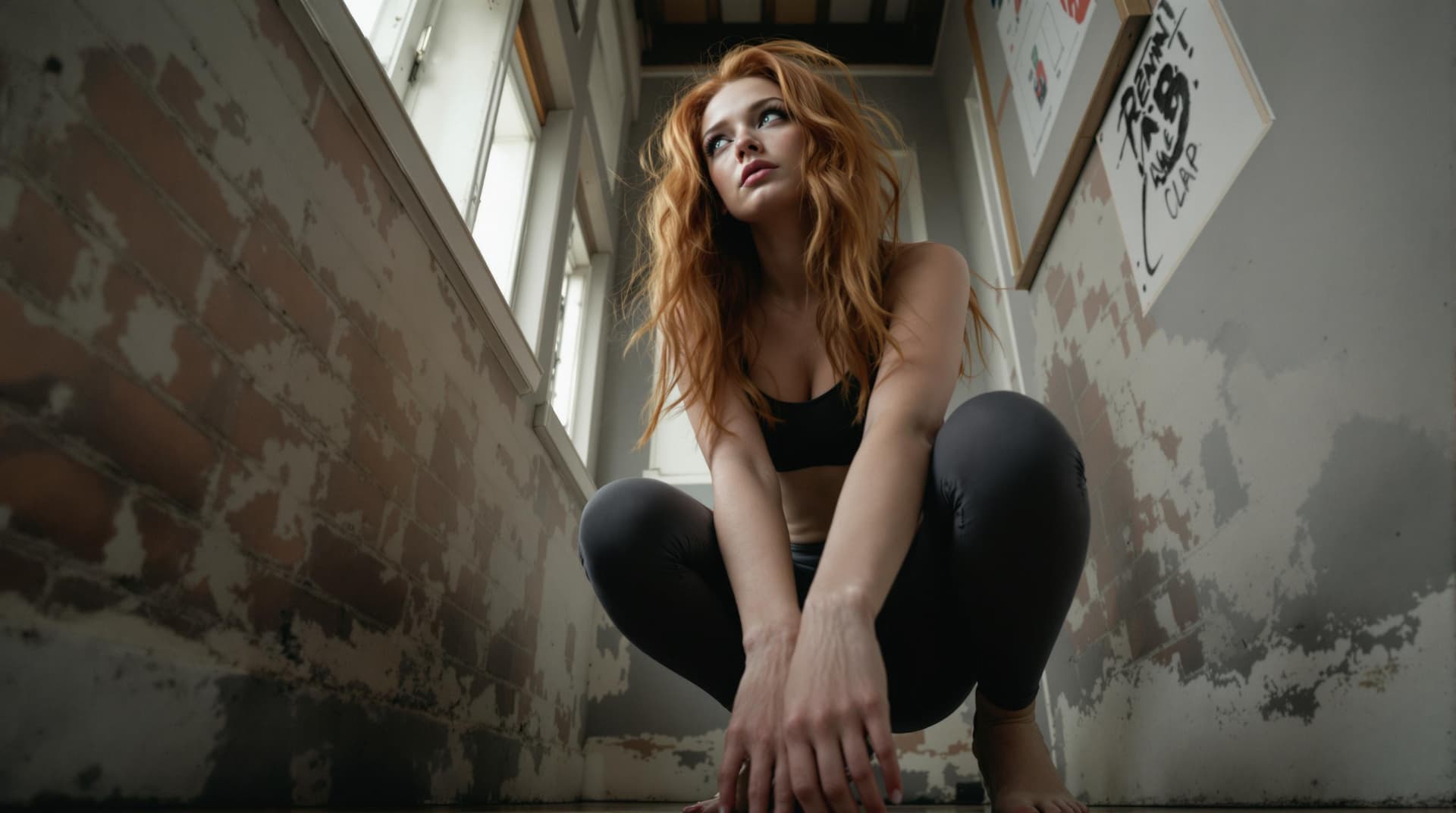 AI generated: Skinny ginger squatting in leggings ,camera pov from beneath ginger girl looking up 