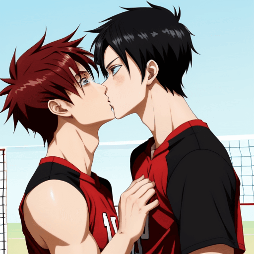 AI generated: anime guy with black hair and anime guy with red hair kiss in volleyball uniform