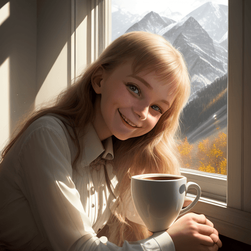 AI generated: foportrait photo of a happy girl, leaning on the sill of an open window, in the morning, holding a s...