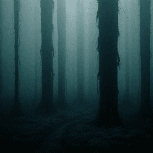 AI generated: a photography of An eerie forest overtaken by radiotrophic fungi,  faint blue Radioactive luminescen...