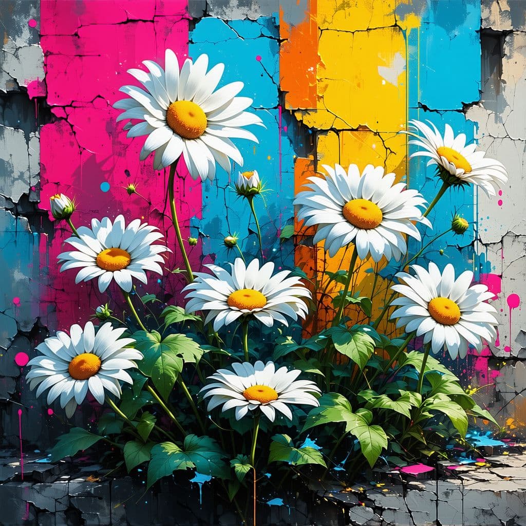 AI generated: High resolution urban illustration of large white daisies with yellow centers growing on a graffiti ...