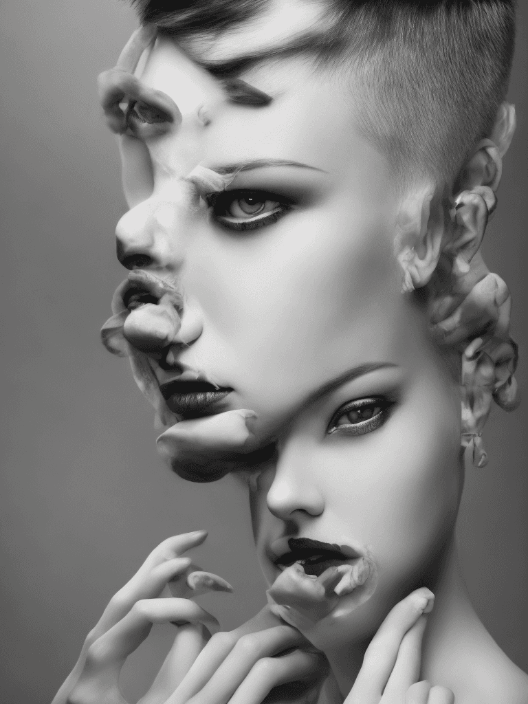AI generated: A dramatic portrait of a young woman with a stylish haircut and piercing eyes. The photo is shot in ...