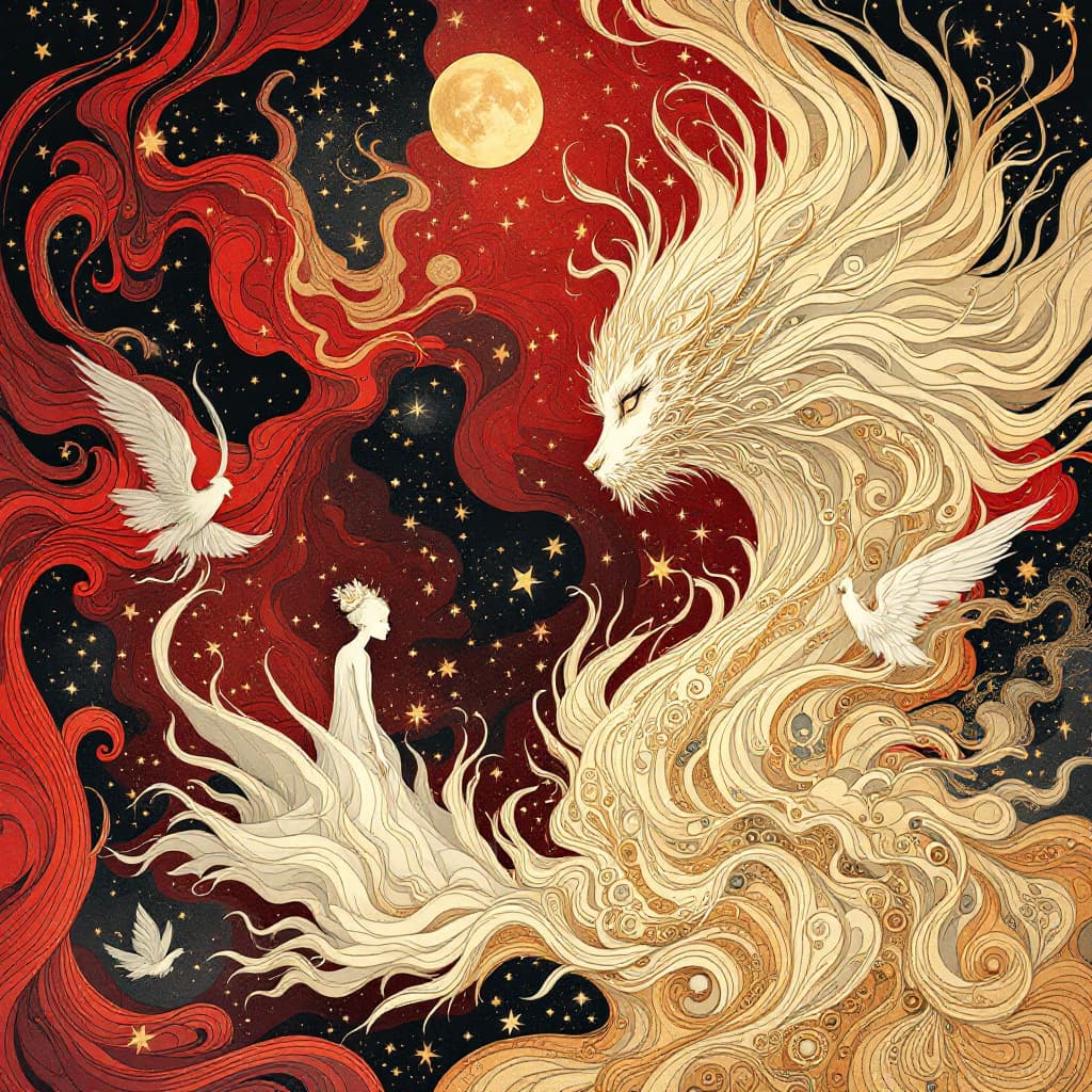 AI generated: A beautifully drawn contemporary illustration by Ryan Sook featuring a mysterious scene where swirli...