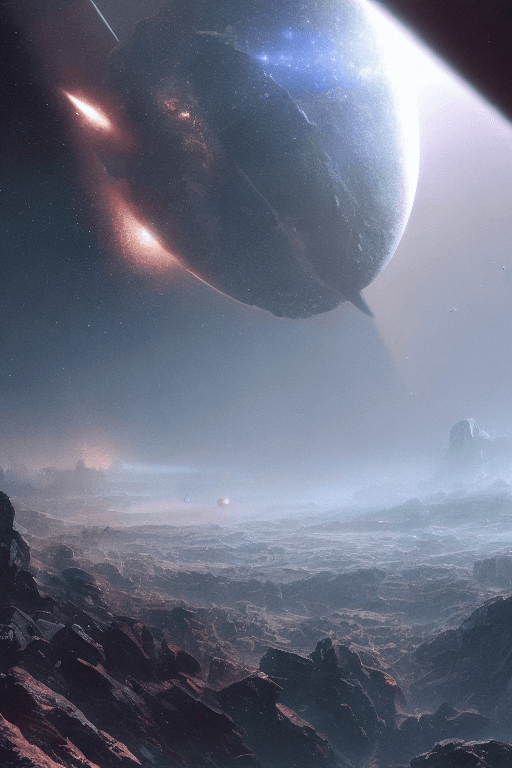 AI generated: Wide shot of . Asteroid belt. Scenic view, in the void of space, underexposed, matte painting by Cra...