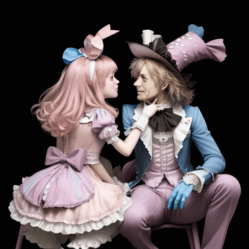 AI generated: Alice in wonderland Mad Hatter and Alice kissing::3 dark matter::1 quantum dot display::1 miniature ...