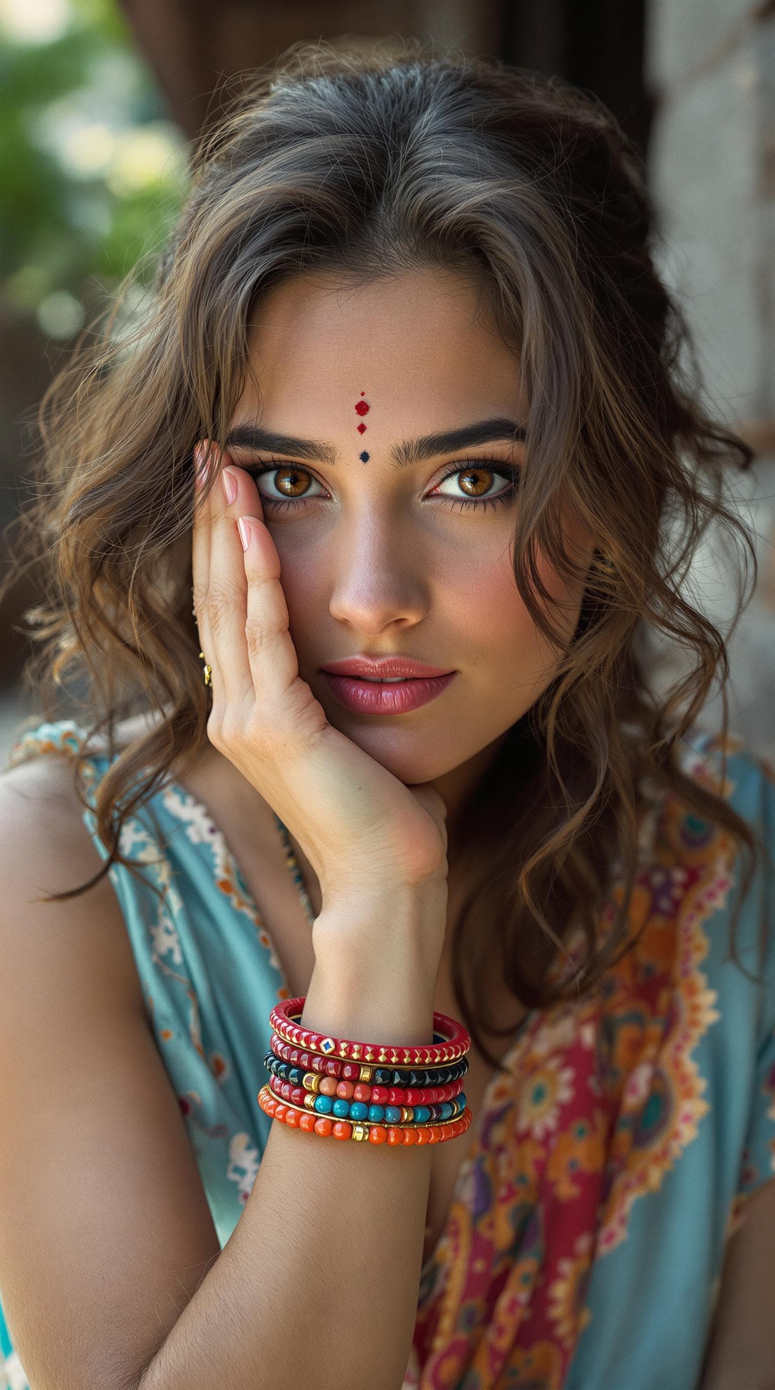 AI generated: Jennifer Connelly ,18-21 years old, brown hair, Indian hair style,trying to shy, inhaled chest,wide ...