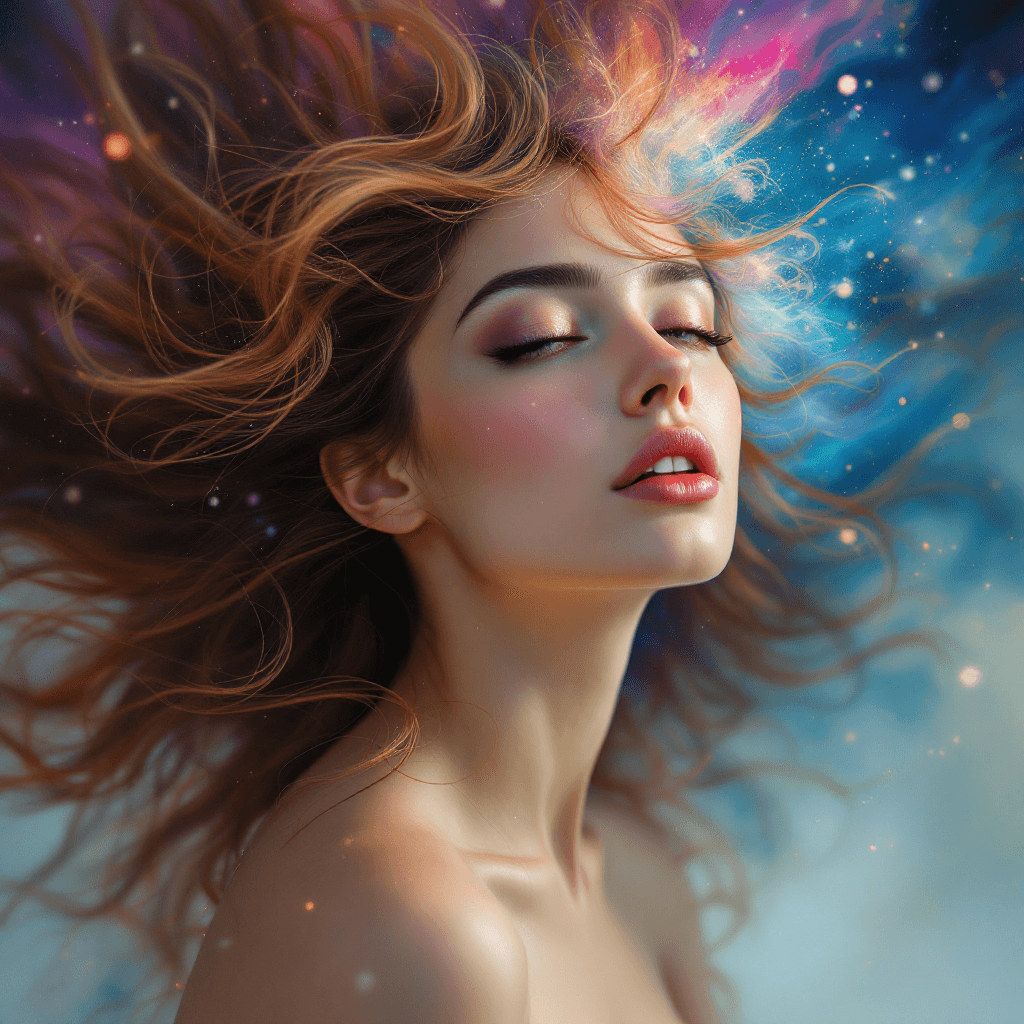 AI generated: Prompt 7: "A photorealistic portrait of a woman in a fantasy setting, where her face is sharply focu...