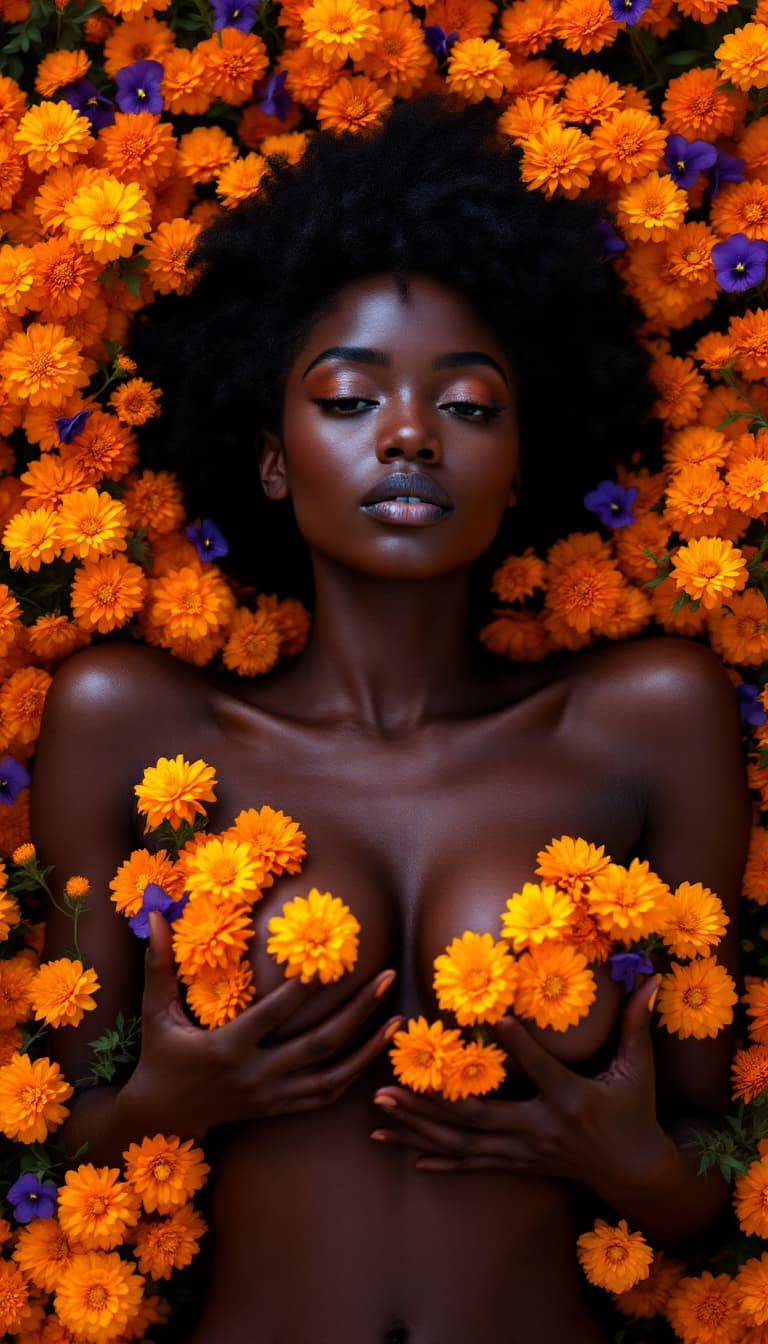 AI generated: A captivating photograph features a dark-skinned woman with short, natural black hair, lying amidst ...