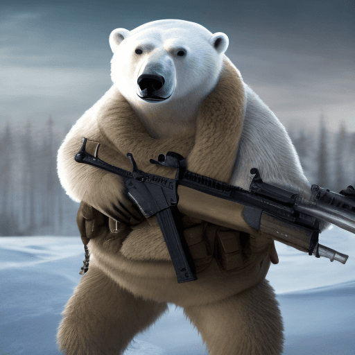 AI generated: Courageous polar bear in full winter military uniform, holding a carbine rifle, anthropomorphic, sup...