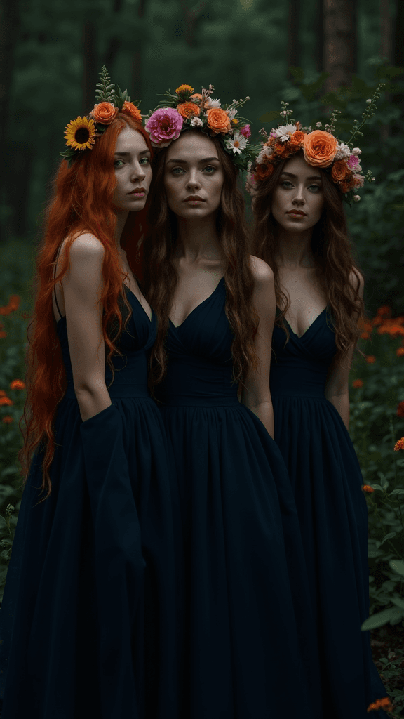 AI generated: This is a 8k detailed, digitally manipulated photograph featuring three women standing in a forest-l...