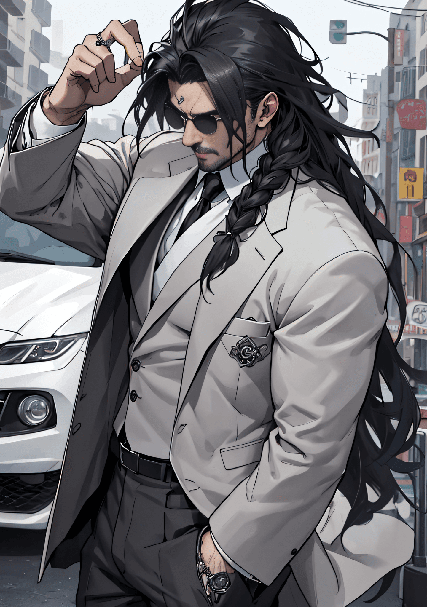AI generated: (masterpiece, best quality), 1boy, mature man, gangster, mafia, scary, rings on fingers, suit, in ca...