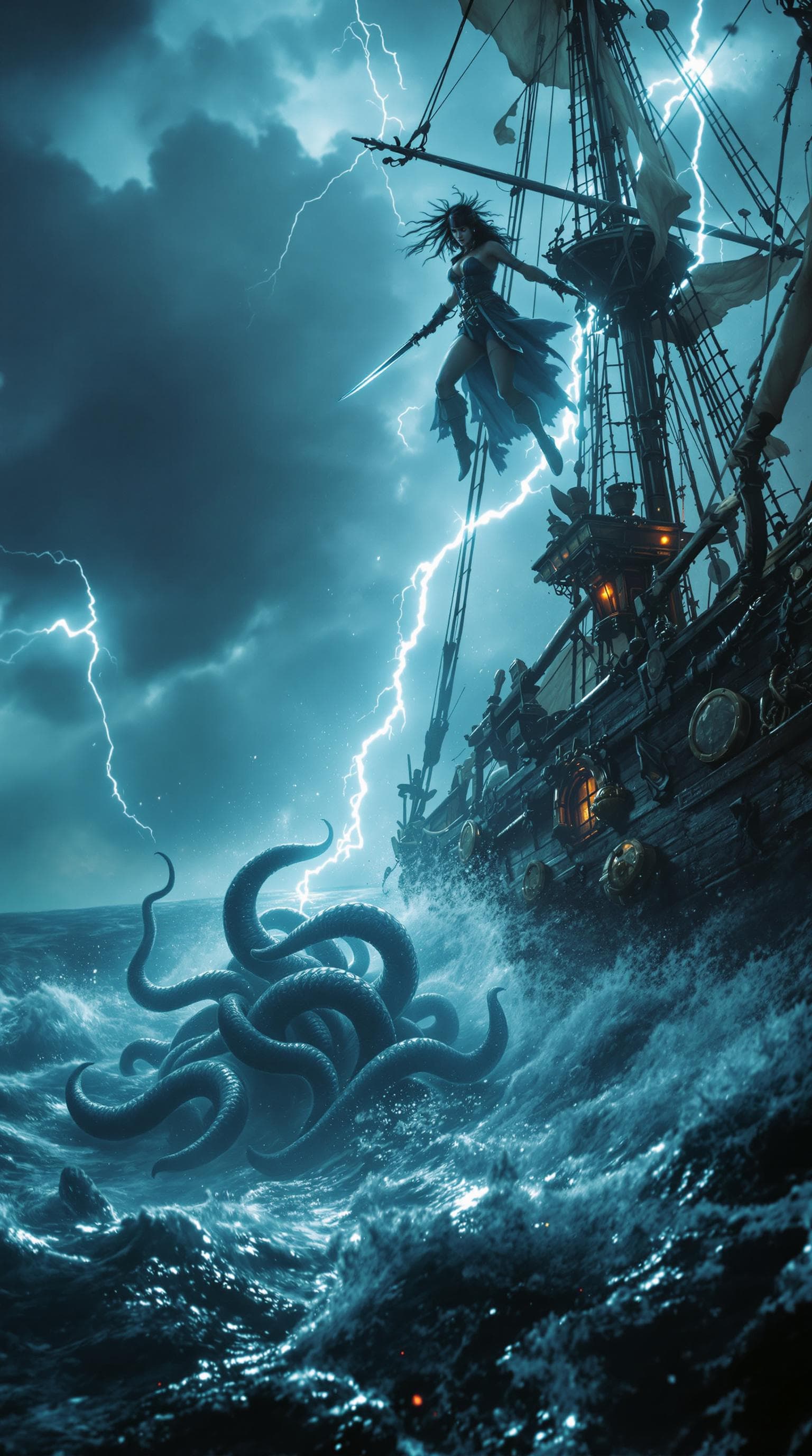 AI generated: Movie quality Action scene: Amidst the tempestuous Caribbean sea, a fierce and determined female pir...