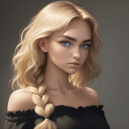 AI generated: oil painting of a young woman with fair skin and a delicate braid over one shoulder, featuring blond...