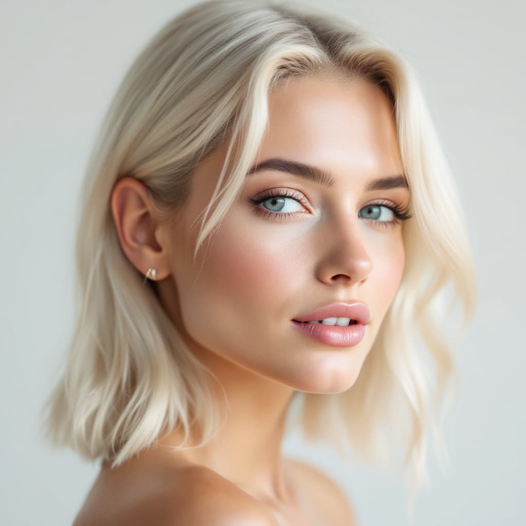 AI generated: A 28-year-old American woman with cool platinum blonde hair in a middle part, smooth skin, subtle hi...