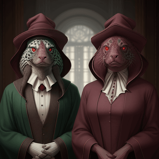 AI generated: a picture of two people, wearing cloth hats and robes, in the style of realistic animal portraits, u...