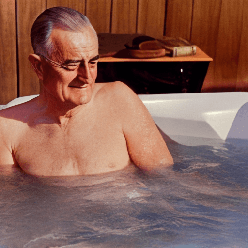 AI generated: President Lyndon Johnson, sitting in a hot tub, drinking a beer