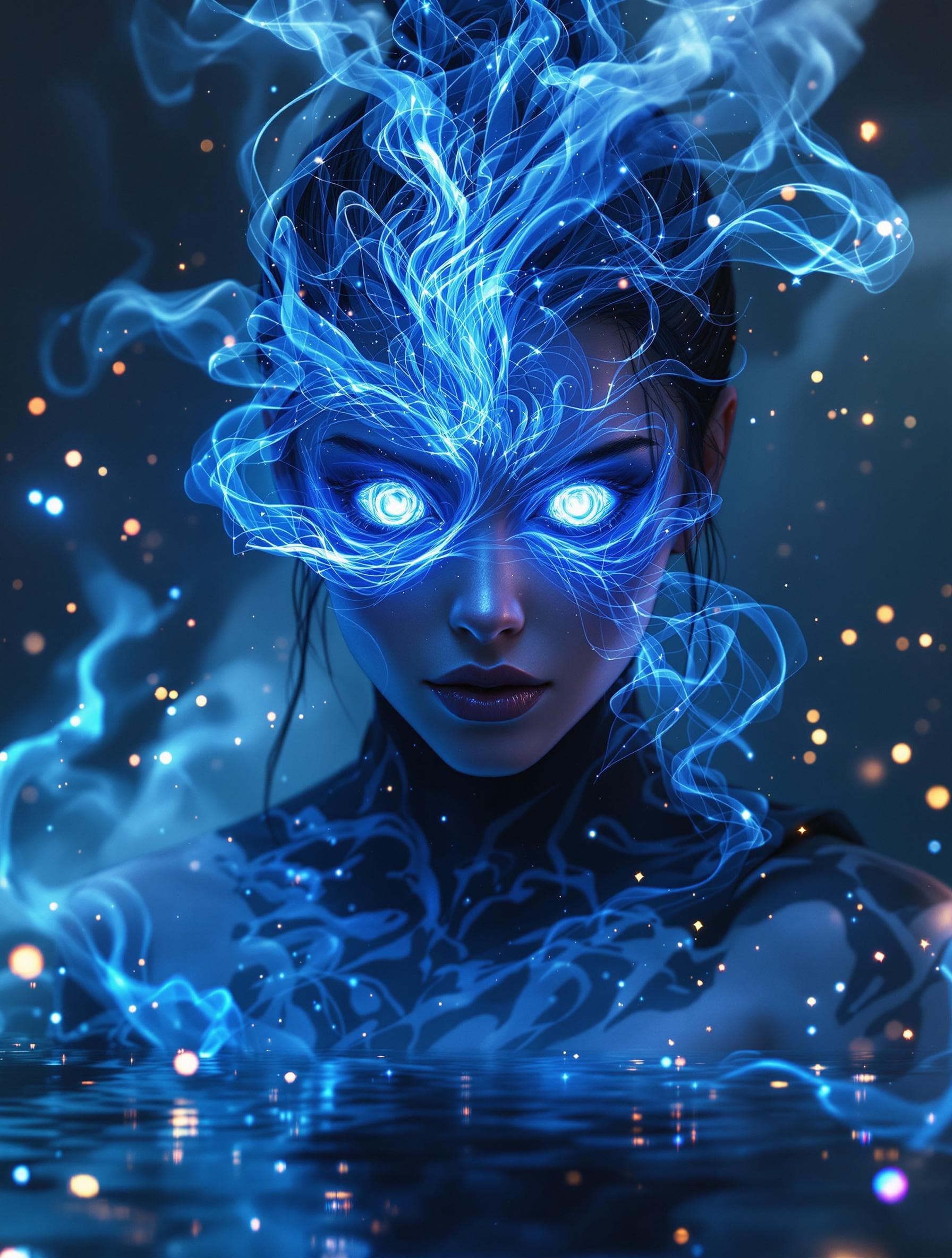 AI generated:  Female ninja with intricate, luminescent blue tattoos that pulse with an otherworldly energy, her e...