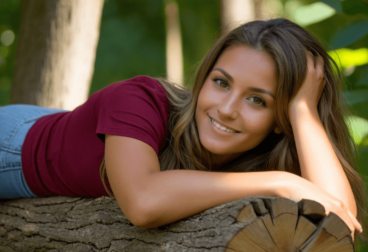 AI generated: breathtaking fit woman, Karina Doherty, big smile, long brunette hair with blonde highlights, hazel ...