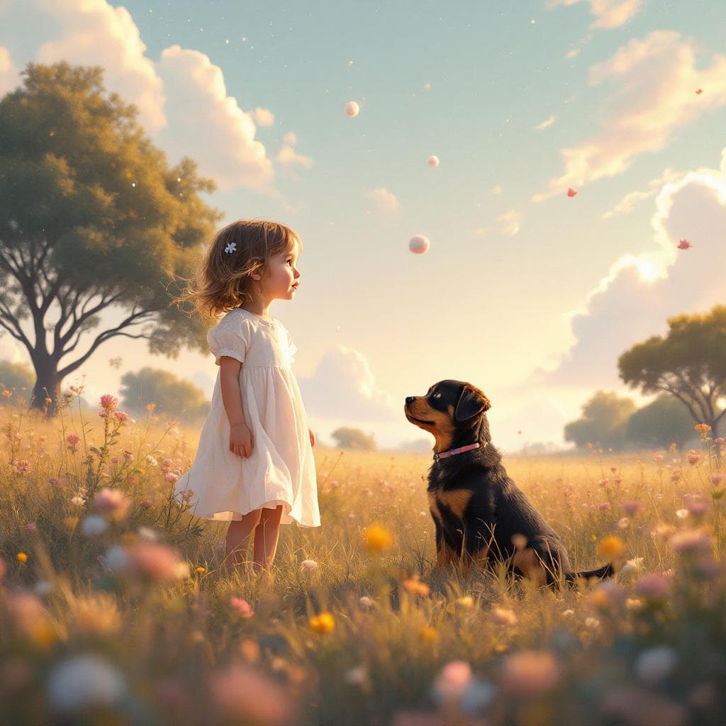 AI generated:  A small child in a simple dress gently holding onto a rottweiler puppy in a meadow proteas and watt...